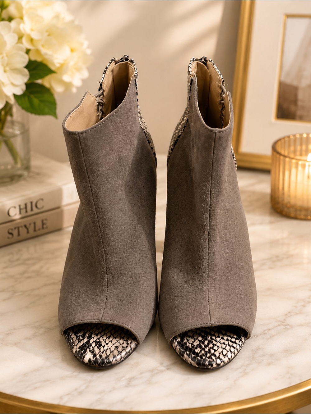 Thalia Sodi Taupe Suede Peep-Toe Ankle Booties with Snake-Print Accent